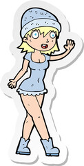 sticker of a cartoon pretty girl in hat waving