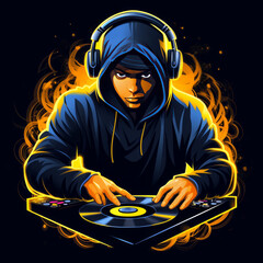 cartoon dj in hood and headphones spinning record vector illustration Job