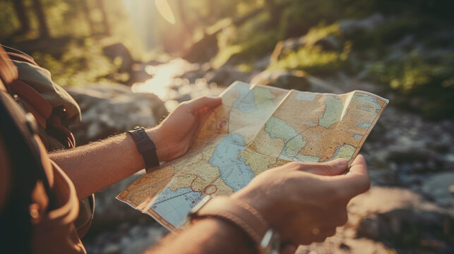 A close-up of a couple's hands holding a map, symbolizing the shared excitement and exploration of a summer road trip