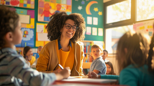 teacher in a classroom, interacting with engaged students, colorful educational posters on the walls, sunlight streaming in through windows