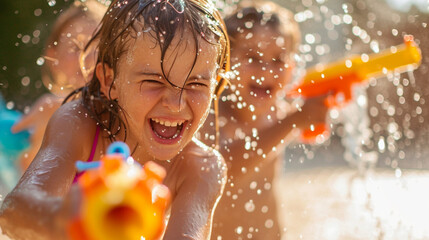 Children playing with water guns and laughing on a hot summer day, showcasing the carefree joy of a family summer adventure