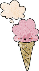 cartoon ice cream with face and thought bubble in grunge texture pattern style