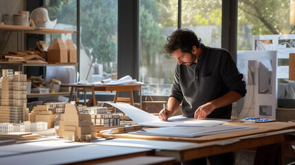 architect reviewing blueprints on a large drafting table, scale models of buildings in the background, a well-lit studio with large windows