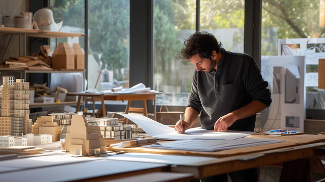 architect reviewing blueprints on a large drafting table, scale models of buildings in the background, a well-lit studio with large windows