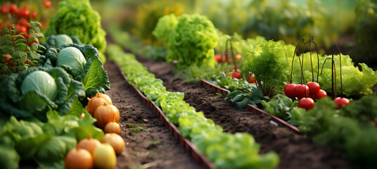 A well-maintained vegetable garden with flourishing rows of carrots, lettuce, and juicy red tomatoes.