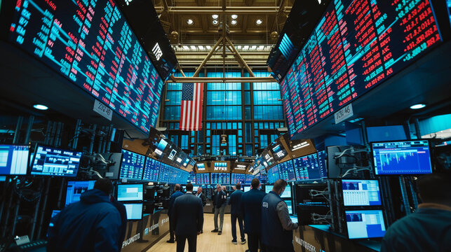 bustling stock exchange floor with traders intently watching large digital screens displaying dynamic interest rates, vividly illuminated numbers against a dark background, a sense of urgency and focu