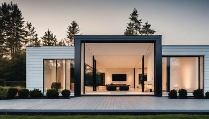 Modern cubic house exterior in Scandinavian style showcasing contemporary design - obrazy, fototapety, plakaty