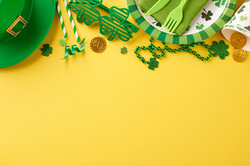 Majestic clover fest: St. Paddy's Day soirée. Top view of paper plates, cutlery, cups, straws,...