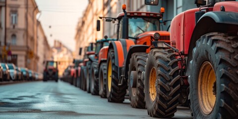 Row of tractors on a city street, farmers protest against the government.