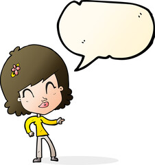 cartoon happy woman pointing with speech bubble