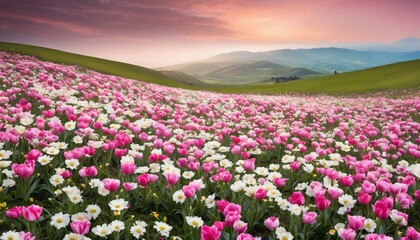 Scenic view of a field blanketed in pink and white flowers beside a lush hill
