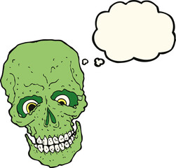 cartoon spooky skull with thought bubble