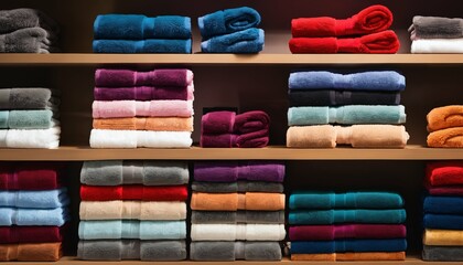 Neatly stacked towels in a row on a store shelf, displayed alongside other towel rows
