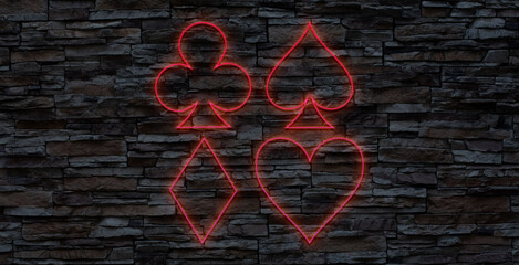 Glowing neon card suit symbols. Purple clubs and spades for a gambling poker game. Heart and...