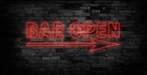 Open bar neon night signboard in arrow shape showing direction on brick wall background realistic vector illustration.