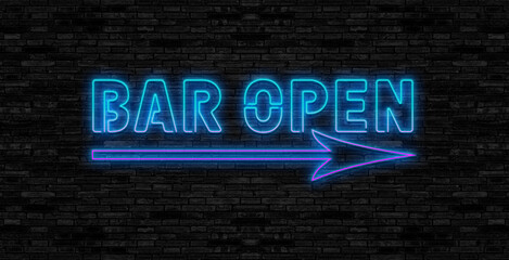 Obraz premium Open bar neon night signboard in arrow shape showing direction on brick wall background realistic vector illustration.
