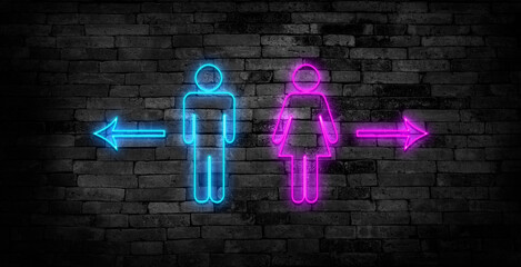 Man woman neon wall. Gender icon. Wc sign symbol. Vector illustration. stock image. 