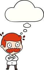 cartoon man with mustache shocked and thought bubble