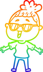 rainbow gradient line drawing cartoon happy woman wearing spectacles