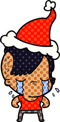 comic book style illustration of a crying girl wearing santa hat