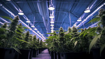 Indoor cannabis cultivation facility, Rows of marijuana plants. Image with green ripe Medical marijuana MMJ branches. Indoor cannabis medical herb cultivation facility.