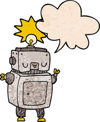 cartoon robot and speech bubble in retro texture style
