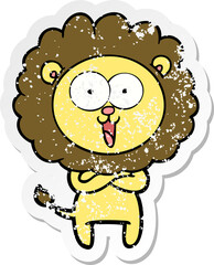 distressed sticker of a happy cartoon lion
