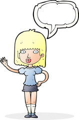 cartoon woman waving with speech bubble