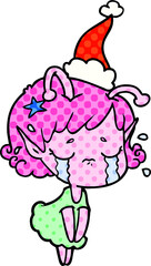 comic book style illustration of a crying alien girl wearing santa hat