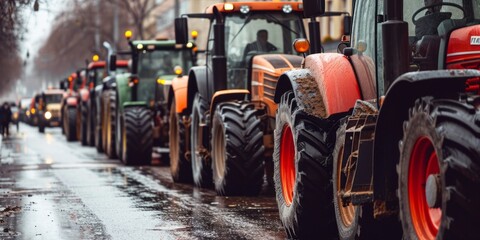 Farmers blocked traffic with tractors during a protest against low prices for products - obrazy, fototapety, plakaty