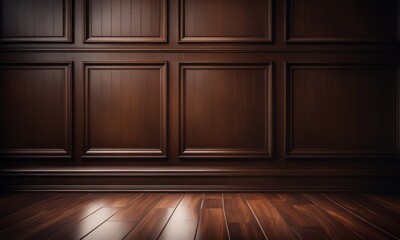 Dark brown classic wooden texture highlighted wall background with free space, mock up room,...