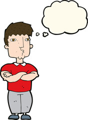 cartoon man with crossed arms with thought bubble