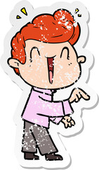 distressed sticker of a cartoon excited man