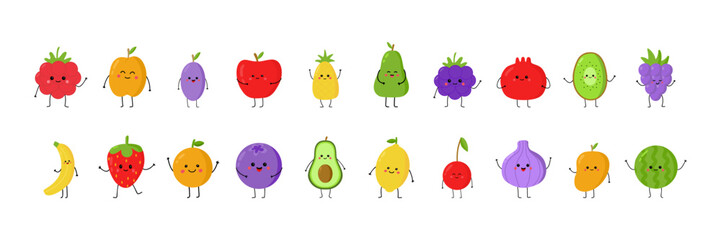 Cute vector fruit characters set isolated. Hand drawn clip arts of different fruits and berries.