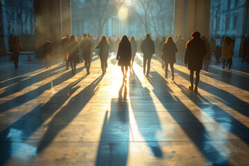 Shadows of people cast on a sunlit pavement, capturing their movements without revealing facial...
