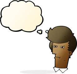 cartoon man narrowing eyes with thought bubble