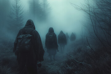 Figures walking through a misty forest, their faces obscured by the ethereal atmosphere. Concept of...