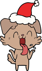 line drawing of a panting dog shrugging shoulders wearing santa hat