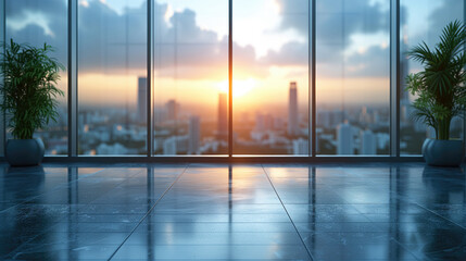 Modern office interior with panoramic window and city view. A corporate office space background.