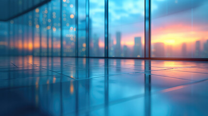 Perspective view of modern skyscrapers with glass windows at sunset. Corporate office interior background.