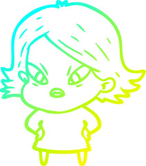 cold gradient line drawing cartoon stressed woman
