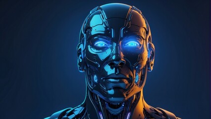 futuristic illustration of human face of cyborg character in glowing blue neon colors  blue background.  generative, ai.