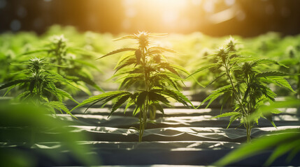 Outdoor cannabis cultivation facility, Rows of young marijuana plant shoot warming with morning sun light. Image with green Medical marijuana MMJ. Cannabis medical herb cultivation facility.