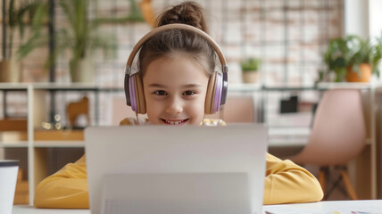 Smiling Young Girl with Headphones Using Laptop at Home for Homework