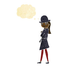 cartoon female spy with thought bubble