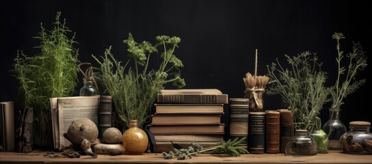 herbs in bottles and books