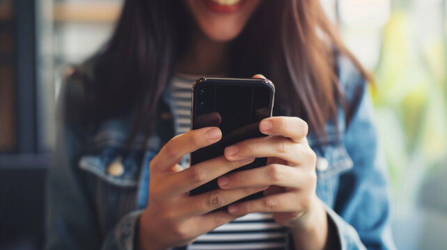 Smiling Woman Texting on Smartphone