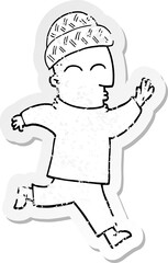 distressed sticker of a cartoon man wearing hat