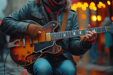 A street musician playing a guitar, the focus on the instrument and hands rather than the musician's face. Concept of anonymous musical expression. Generative Ai.