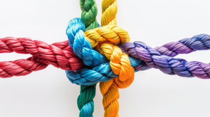 Colorful Ropes Tied Together in a Knot on White Background